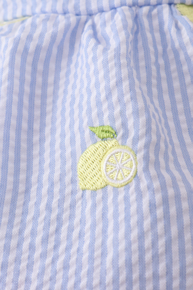 Blue stripe seersucker lemon embroidery ruffle bubble - Aaria Tees Aaria Tees