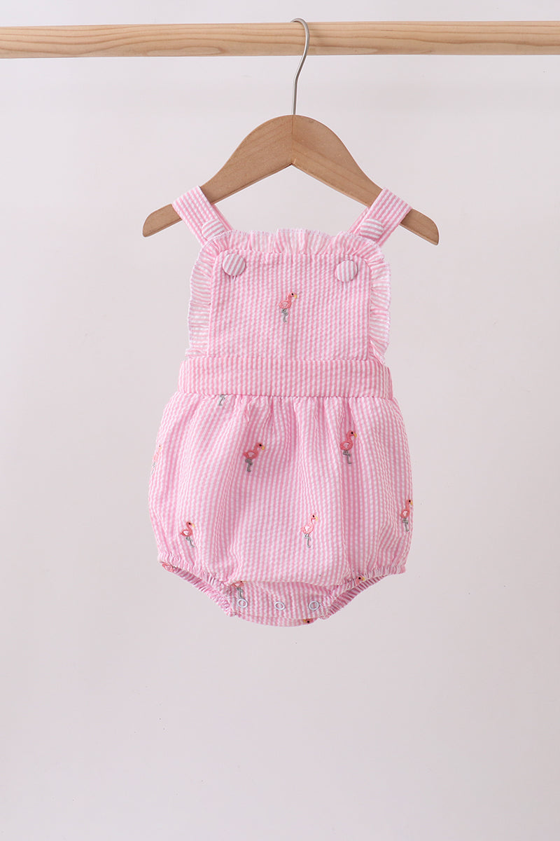 Pink stripe seersucker flamingo embroidery ruffle bubble - Aaria Tees