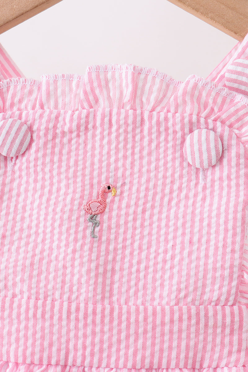 Pink stripe seersucker flamingo embroidery ruffle bubble - Aaria Tees Aaria Tees