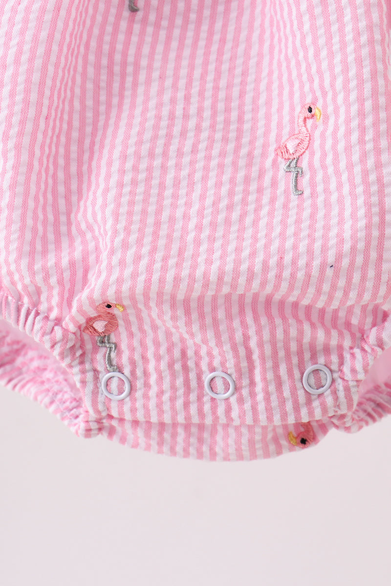 Pink stripe seersucker flamingo embroidery ruffle bubble - Aaria Tees Aaria Tees