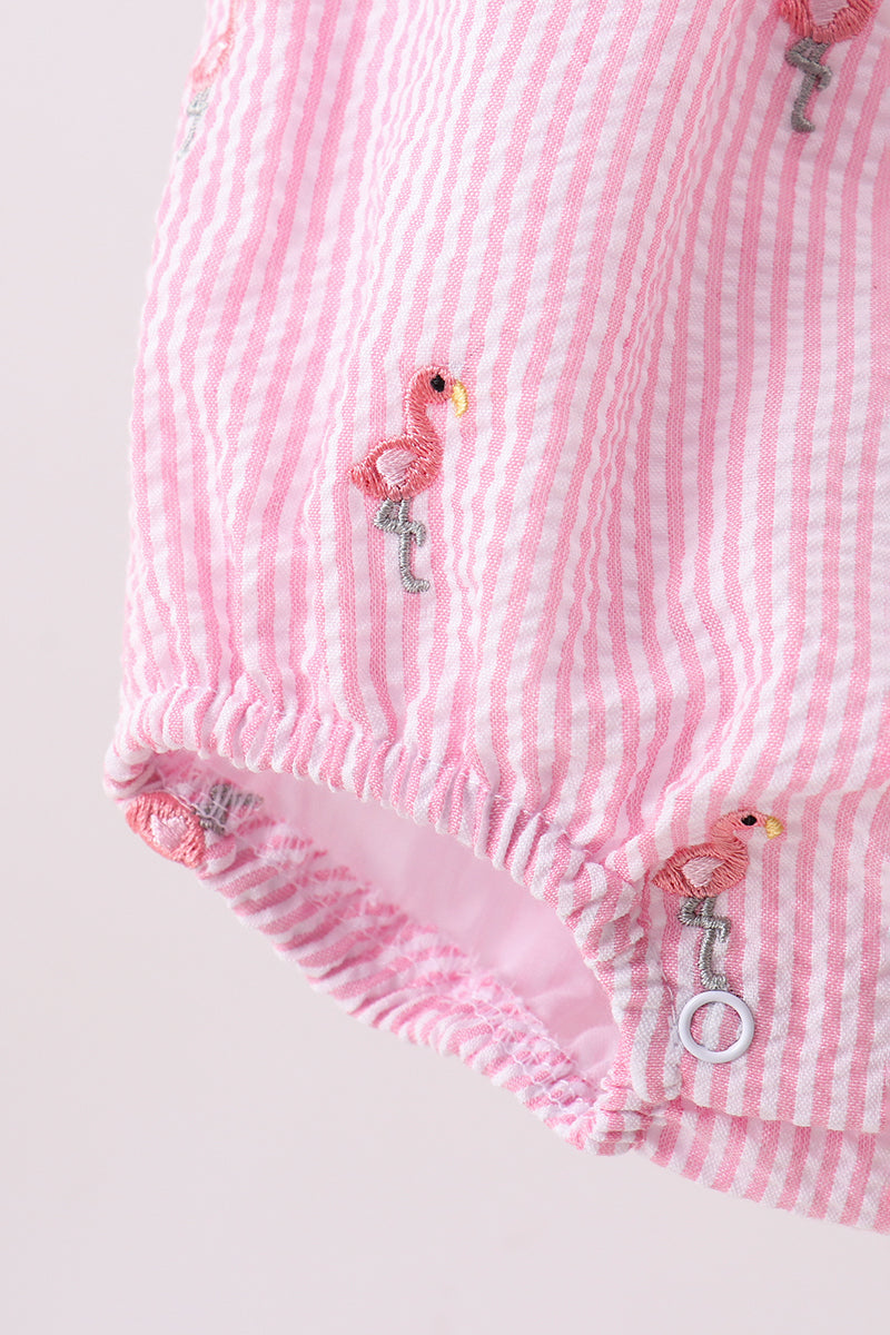 Pink stripe seersucker flamingo embroidery ruffle bubble - Aaria Tees Aaria Tees