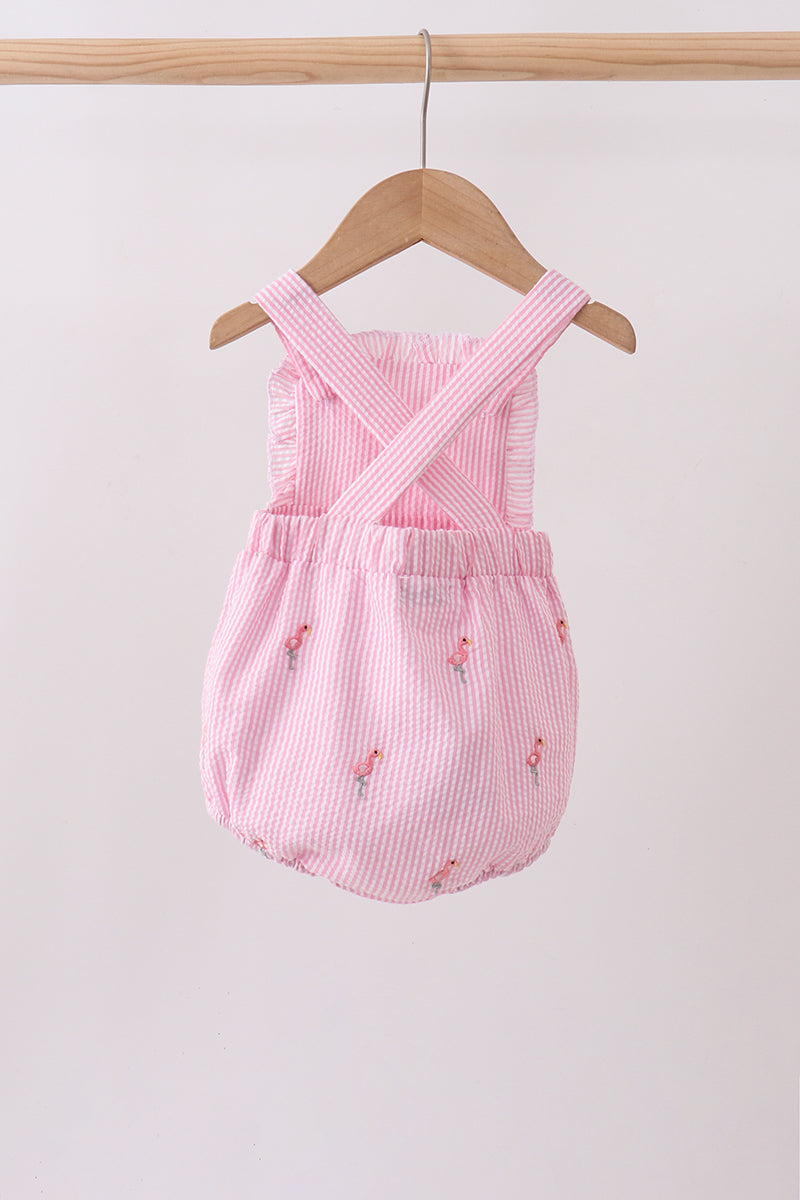 Pink stripe seersucker flamingo embroidery ruffle bubble - Aaria Tees Aaria Tees