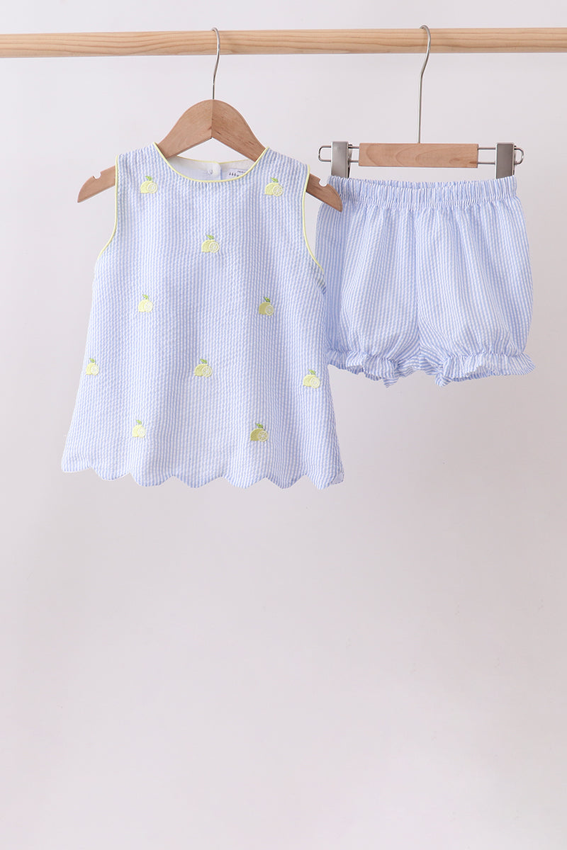 Blue stripe seersucker lemon embroidery scalloped bloomer set - Aaria Tees Aaria Tees