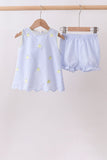 Blue stripe seersucker lemon embroidery scalloped bloomer set - Aaria Tees Aaria Tees