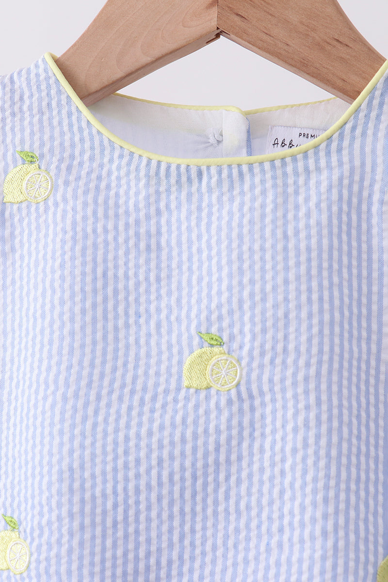 Blue stripe seersucker lemon embroidery scalloped bloomer set - Aaria Tees Aaria Tees