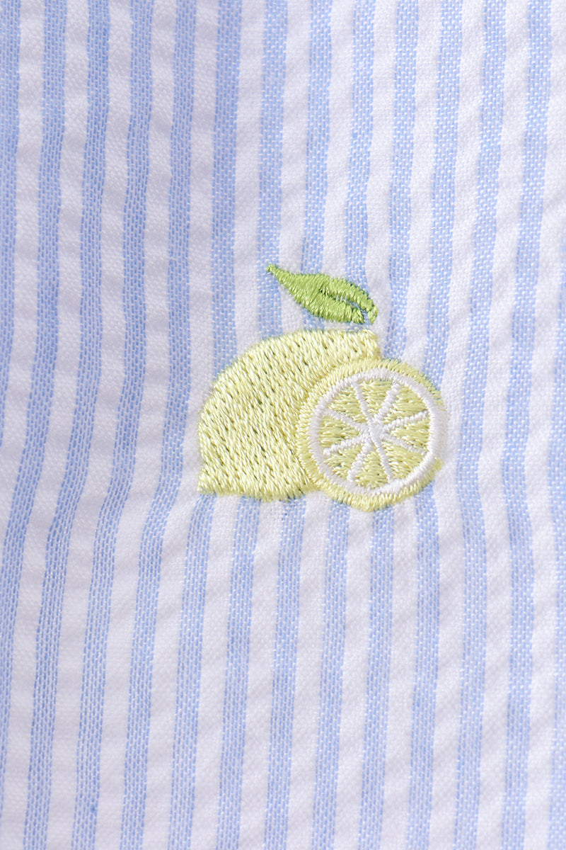 Blue stripe seersucker lemon embroidery scalloped bloomer set - Aaria Tees Aaria Tees