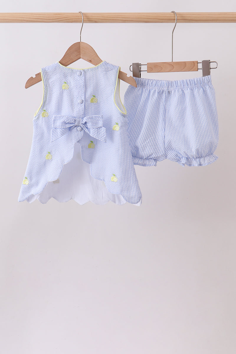 Blue stripe seersucker lemon embroidery scalloped bloomer set - Aaria Tees Aaria Tees
