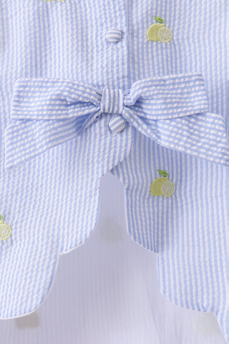 Blue stripe seersucker lemon embroidery scalloped bloomer set - Aaria Tees Aaria Tees