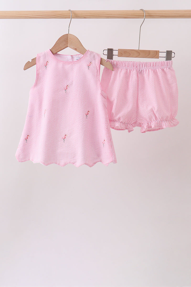 Pink stripe seersucker flamingo embroidery scalloped bloomer set - Aaria Tees Aaria Tees