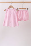 Pink stripe seersucker flamingo embroidery scalloped bloomer set - Aaria Tees Aaria Tees