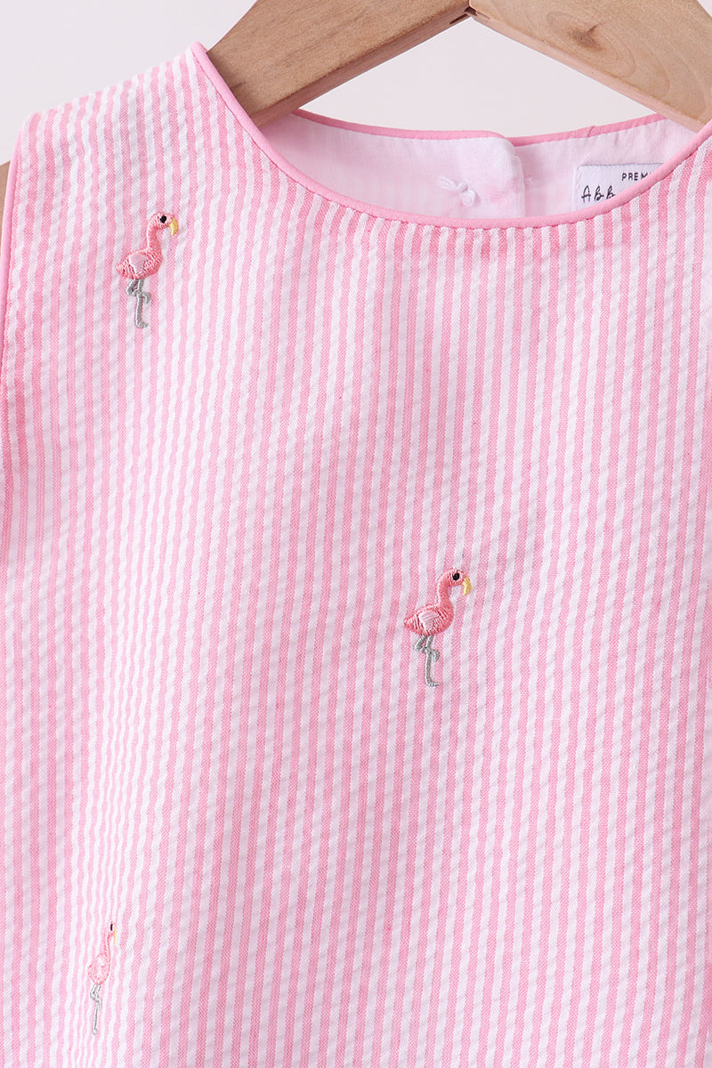 Pink stripe seersucker flamingo embroidery scalloped bloomer set - Aaria Tees Aaria Tees