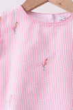Pink stripe seersucker flamingo embroidery scalloped bloomer set - Aaria Tees Aaria Tees