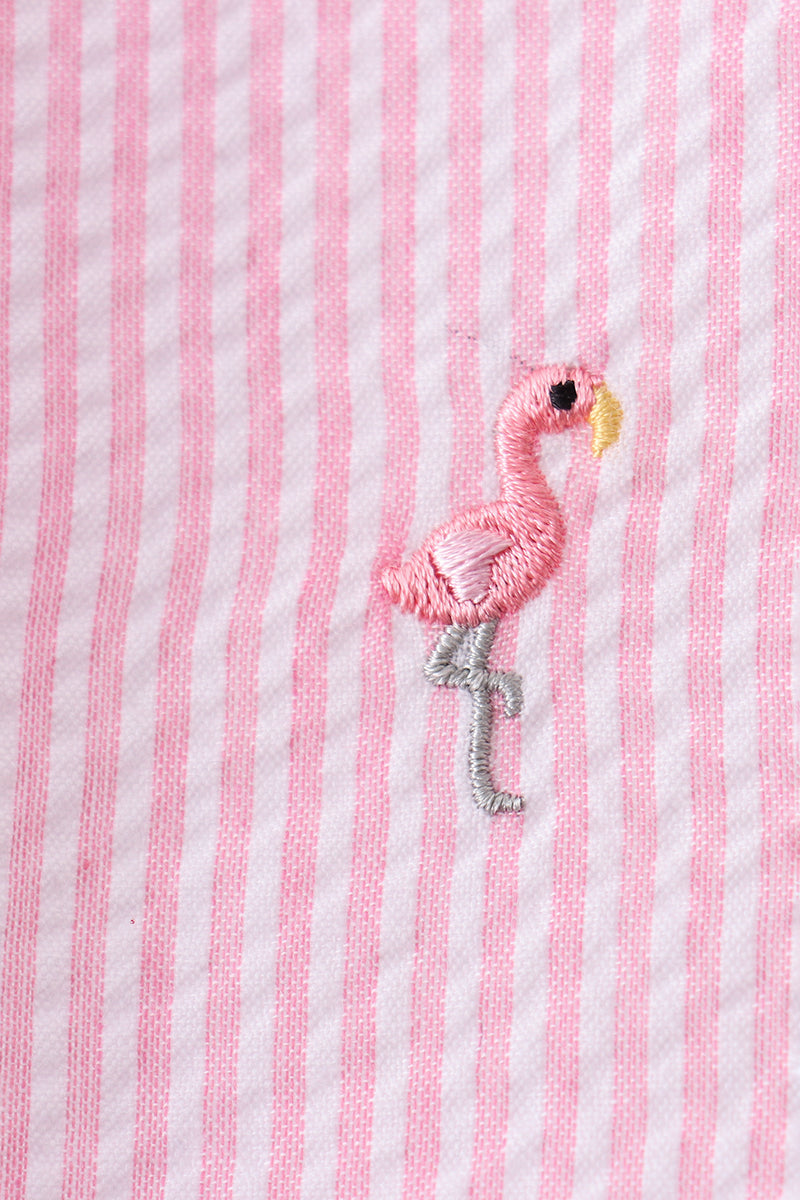 Pink stripe seersucker flamingo embroidery scalloped bloomer set - Aaria Tees Aaria Tees