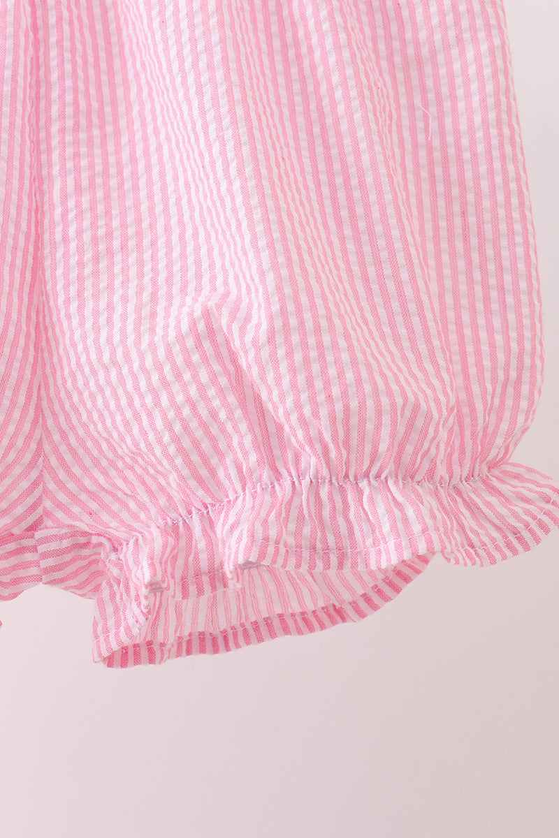 Pink stripe seersucker flamingo embroidery scalloped bloomer set - Aaria Tees Aaria Tees