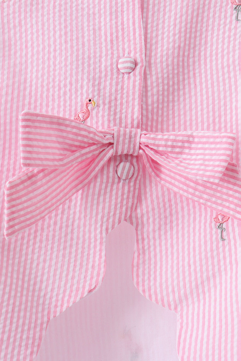 Pink stripe seersucker flamingo embroidery scalloped bloomer set - Aaria Tees Aaria Tees