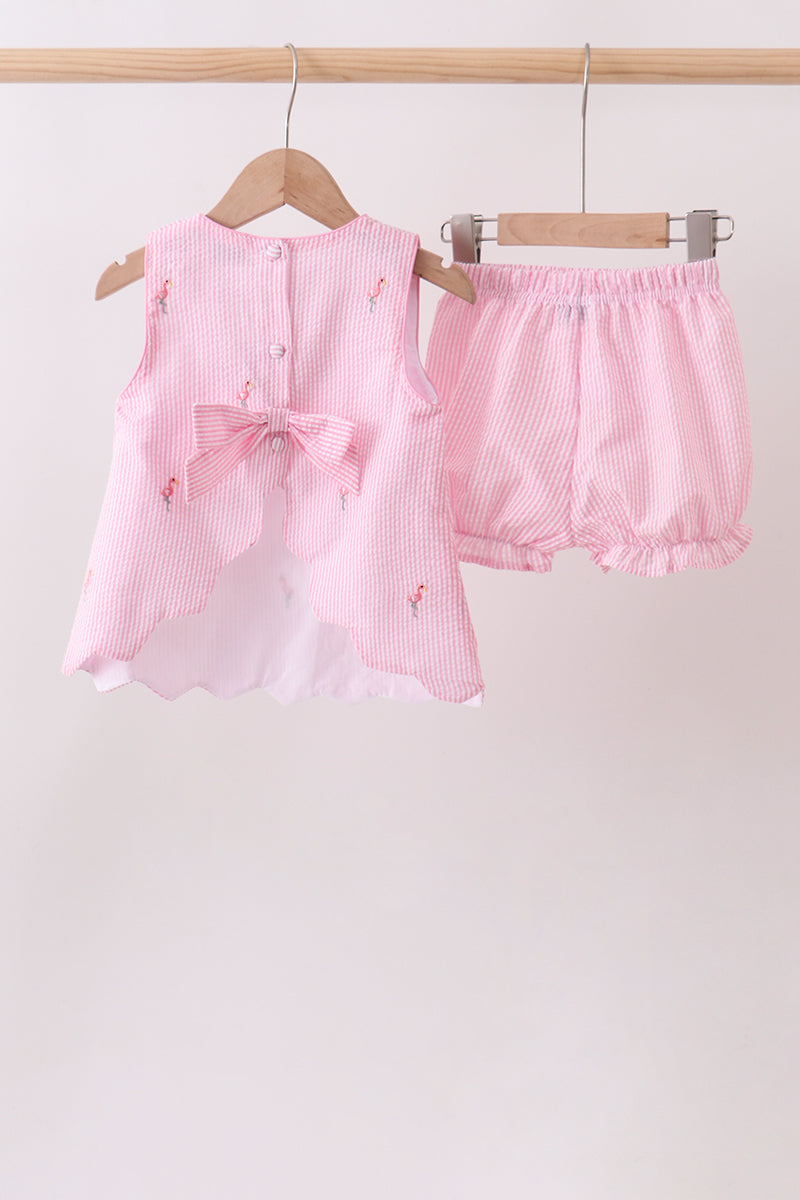 Pink stripe seersucker flamingo embroidery scalloped bloomer set - Aaria Tees Aaria Tees
