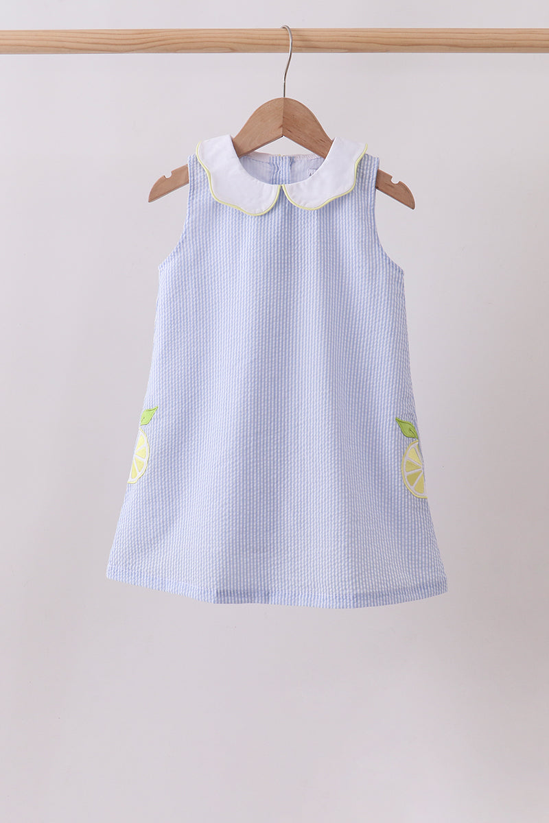 Blue stripe seersucker lemon applique dress - Aaria Tees Aaria Tees