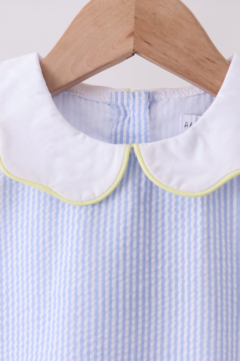 Blue stripe seersucker lemon applique dress - Aaria Tees Aaria Tees