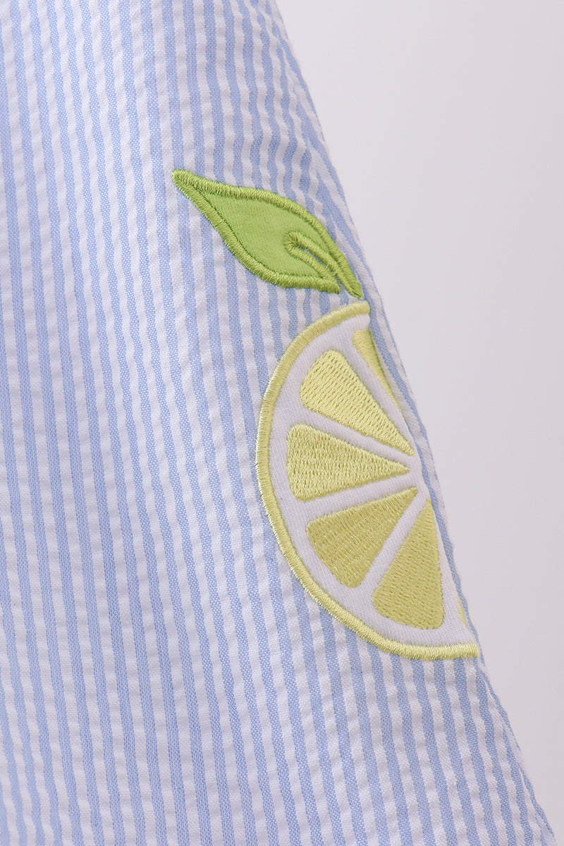 Blue stripe seersucker lemon applique dress - Aaria Tees Aaria Tees