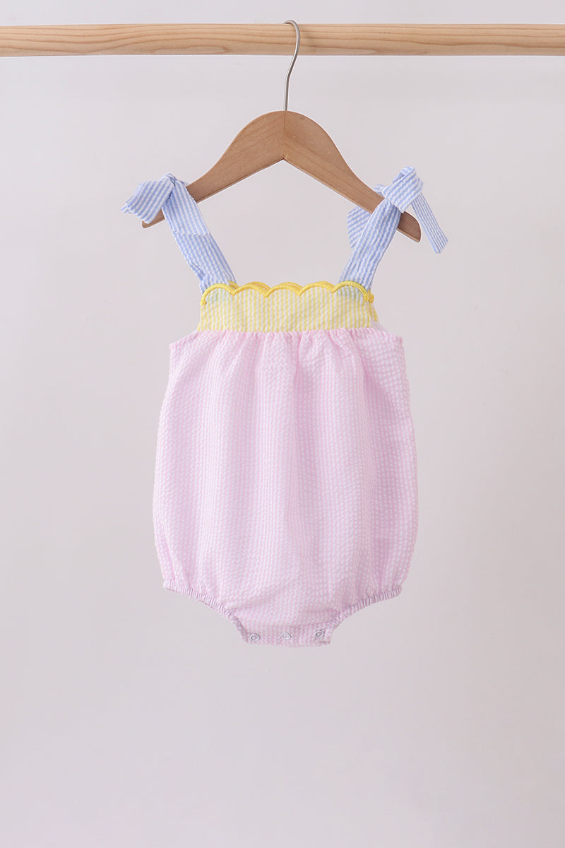 Pink stripe seersucker bow bubble - Aaria Tees