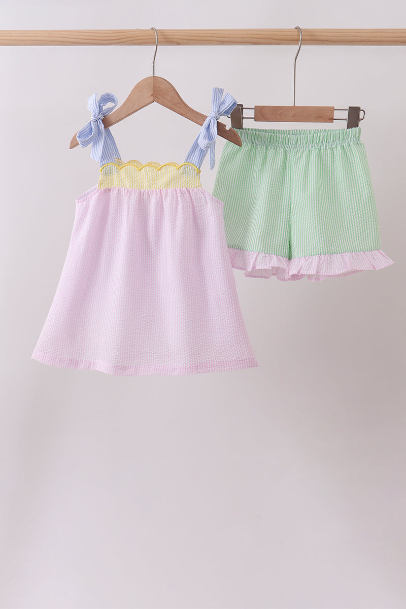 Pink stripe seersucker bow ruffle shorts set - Aaria Tees Aaria Tees