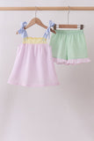 Pink stripe seersucker bow ruffle shorts set - Aaria Tees Aaria Tees