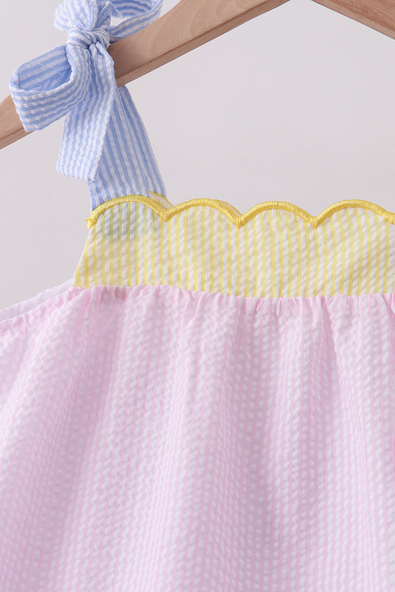 Pink stripe seersucker bow ruffle shorts set - Aaria Tees Aaria Tees