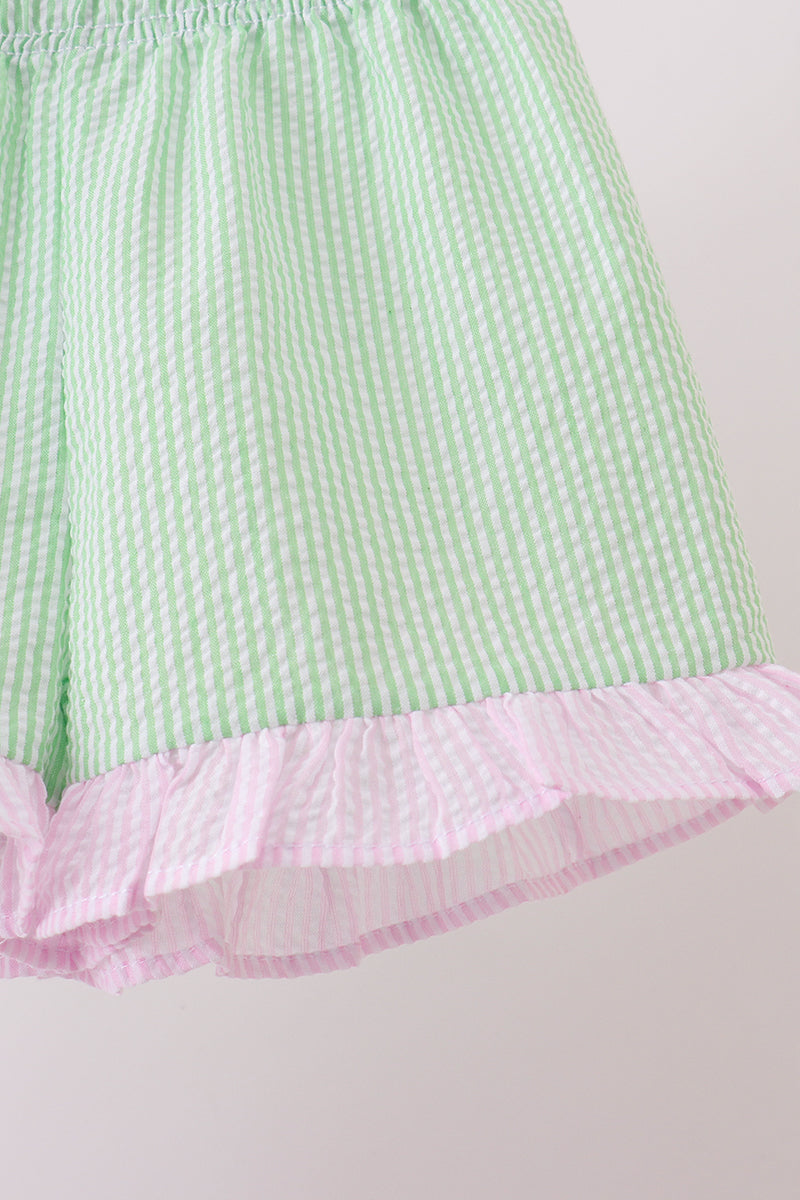 Pink stripe seersucker bow ruffle shorts set - Aaria Tees Aaria Tees