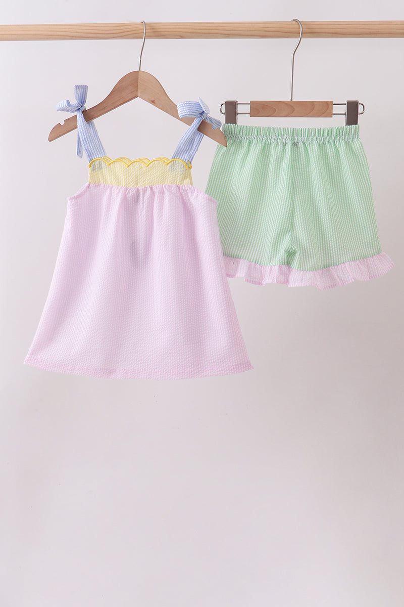 Pink stripe seersucker bow ruffle shorts set - Aaria Tees Aaria Tees