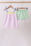 Pink stripe seersucker bow ruffle shorts set - Aaria Tees Aaria Tees
