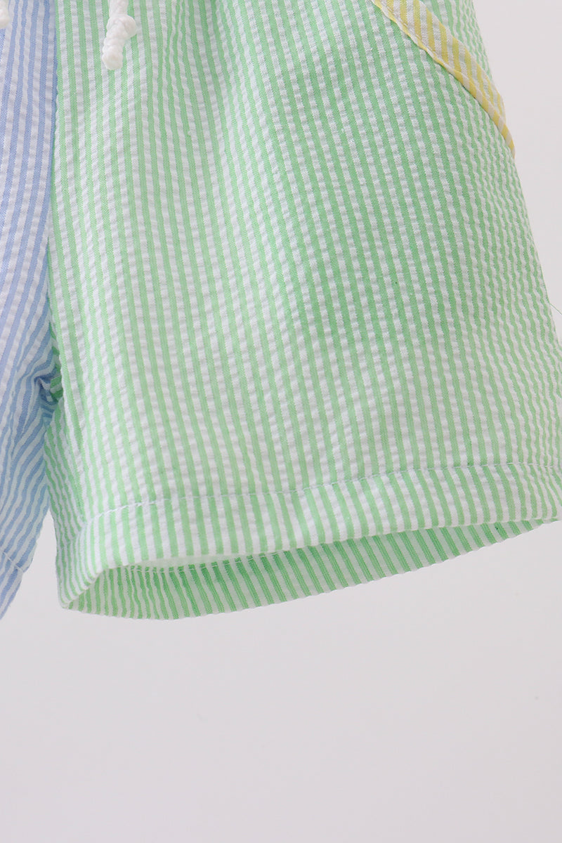 Pink stripe seersucker flamingo embroidery ruffle bubble - Aaria Tees Aaria Tees