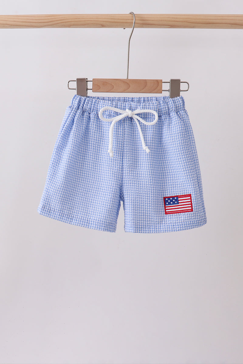 Blue flag embroidery gingham shorts - Aaria Tees