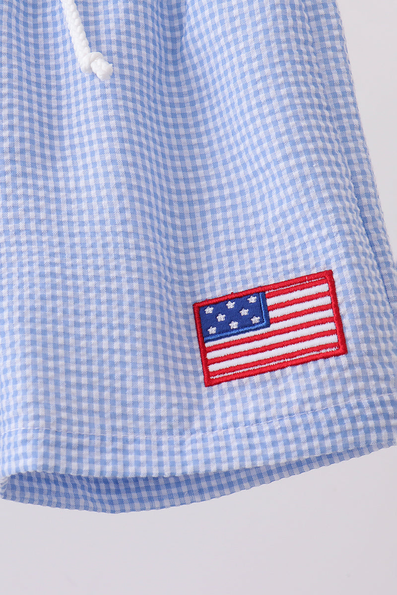 Blue flag embroidery gingham shorts - Aaria Tees Aaria Tees