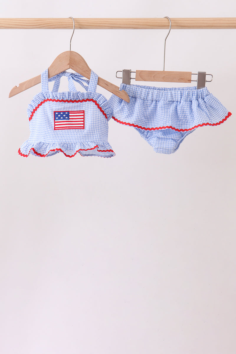 Blue flag applique gingham ruffle 2pc swimsuit - Aaria Tees Aaria Tees