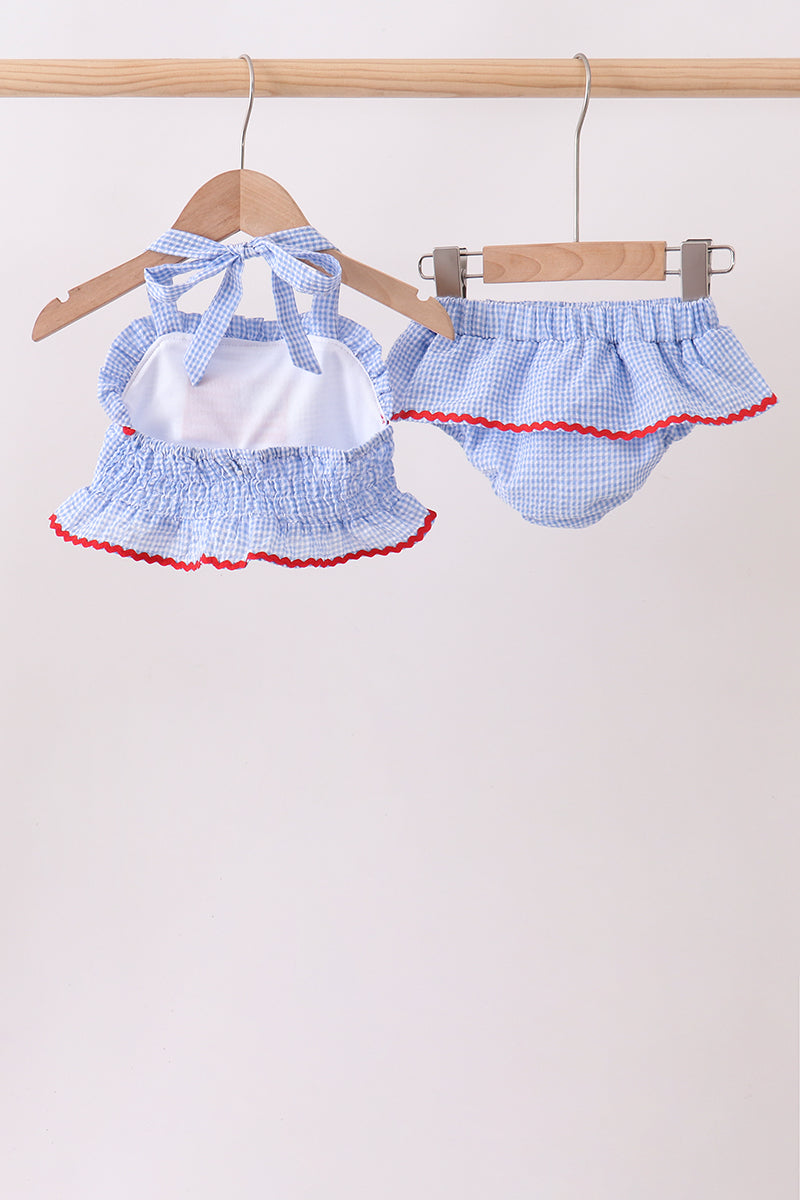 Blue flag applique gingham ruffle 2pc swimsuit - Aaria Tees Aaria Tees