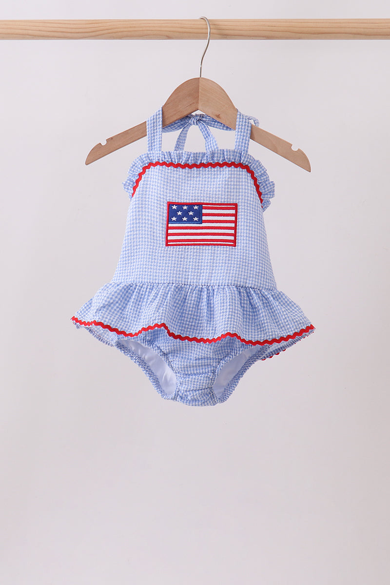Blue flag applique gingham ruffle one-piece swimsuit - Aaria Tees Aaria Tees