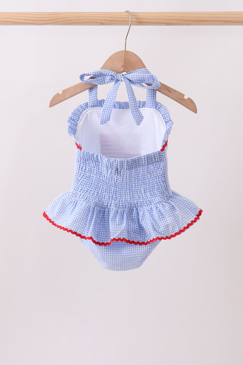 Blue flag applique gingham ruffle one-piece swimsuit - Aaria Tees Aaria Tees