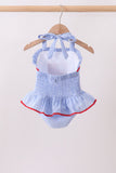 Blue flag applique gingham ruffle one-piece swimsuit - Aaria Tees Aaria Tees