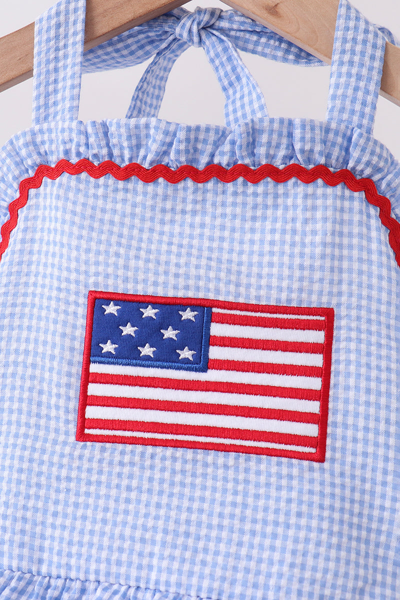 Blue flag applique gingham ruffle one-piece swimsuit - Aaria Tees Aaria Tees