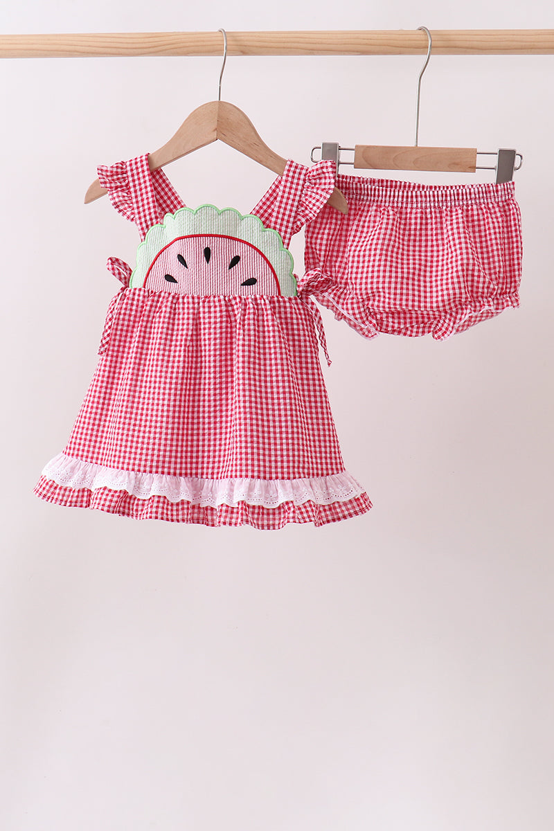 Red watermelon ruffle gingham bloomer set - Aaria Tees
