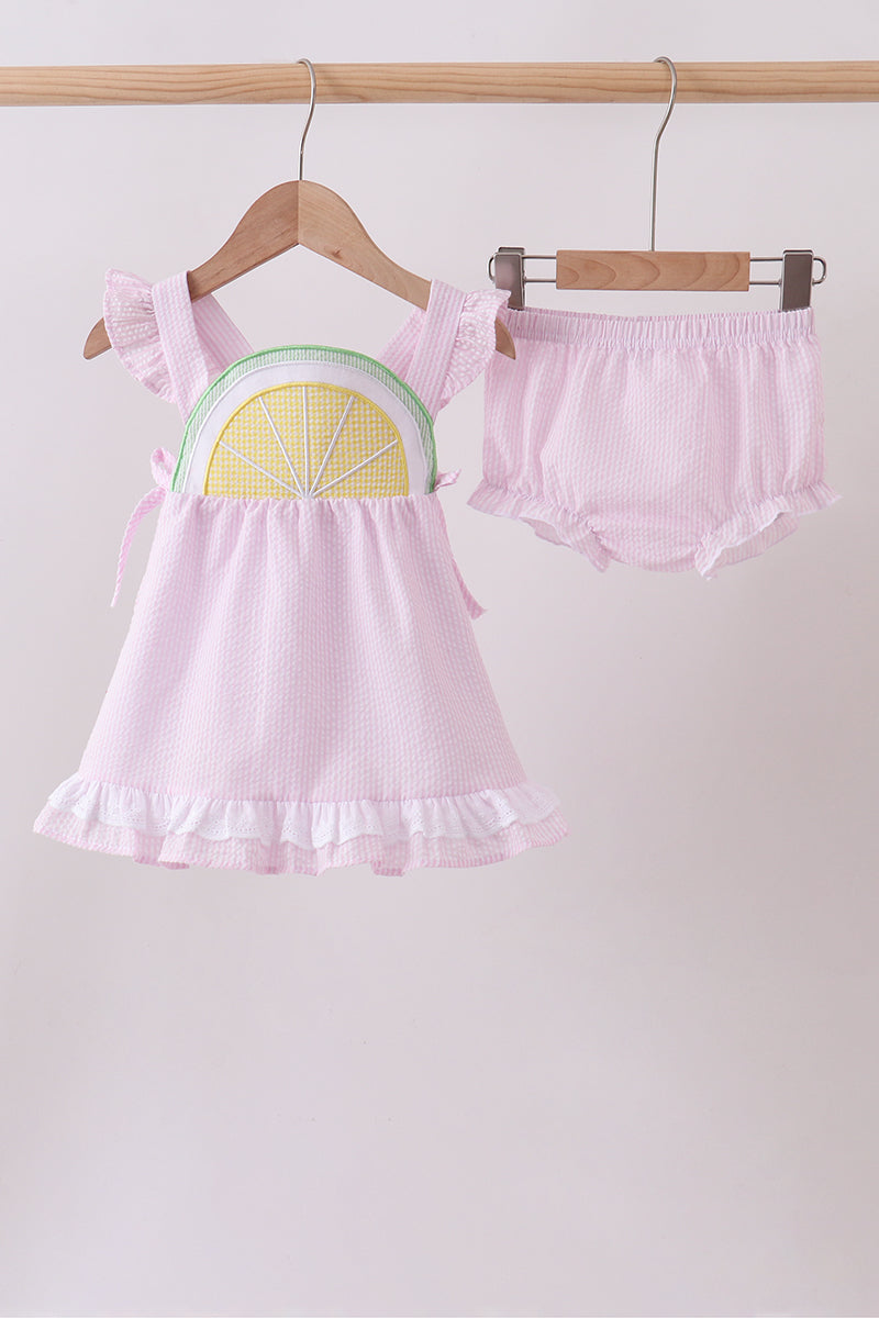 Pink lemon ruffle gingham bloomer set - Aaria Tees Aaria Tees