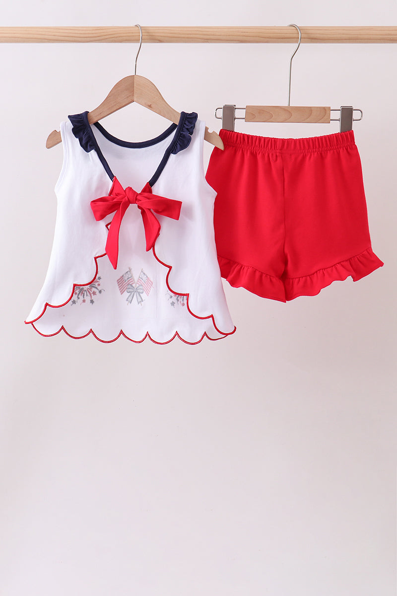 Red flag fireworks embroidery ruffle shorts set - Aaria Tees Aaria Tees