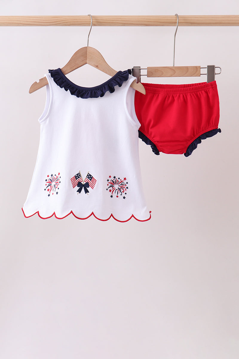 Red flag fireworks embroidery ruffle bloomer set - Aaria Tees Aaria Tees