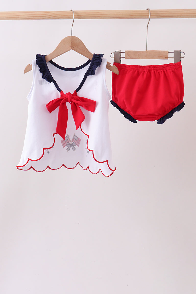 Red flag fireworks embroidery ruffle bloomer set - Aaria Tees Aaria Tees