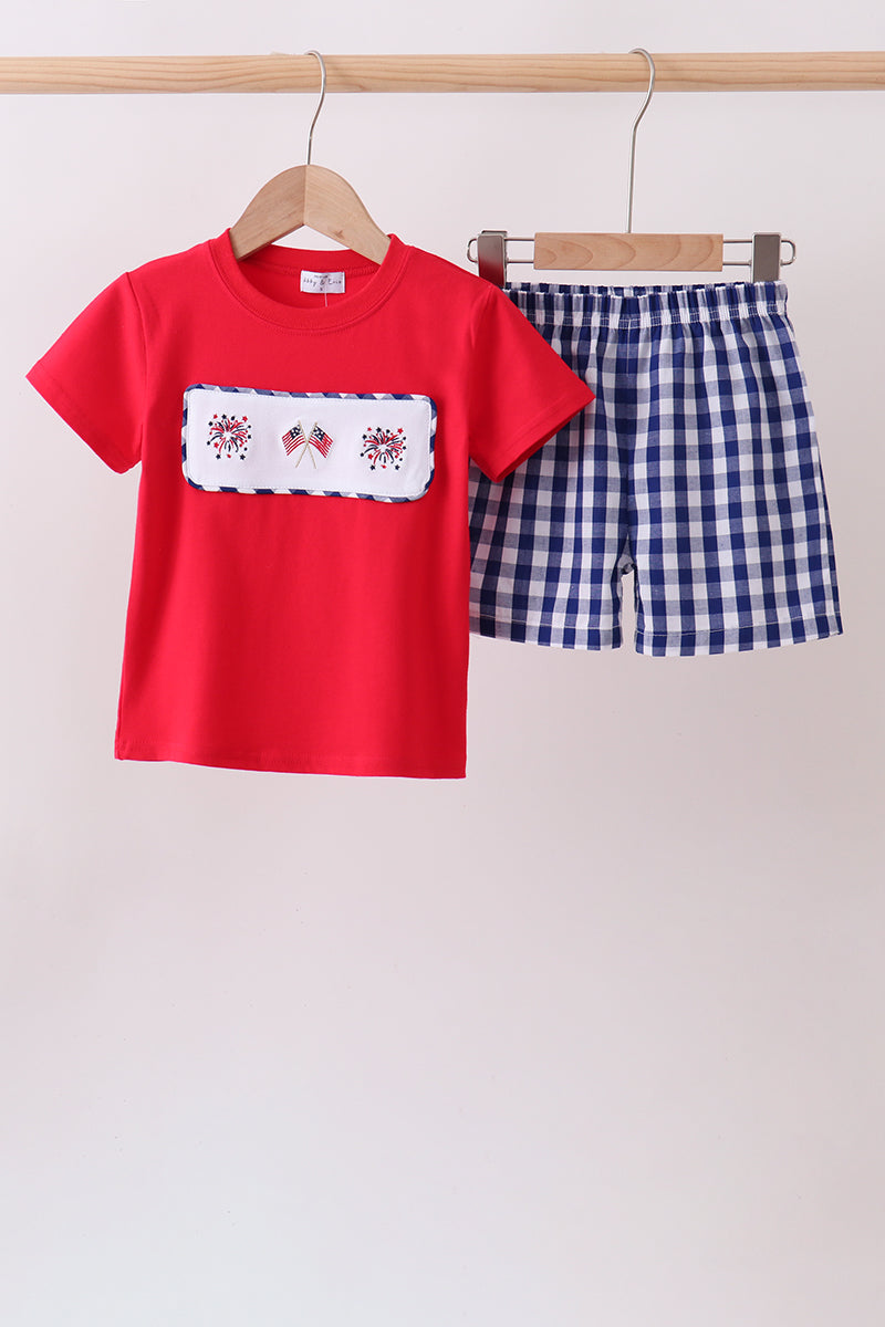 Red flag fireworks embroidery shorts set - Aaria Tees