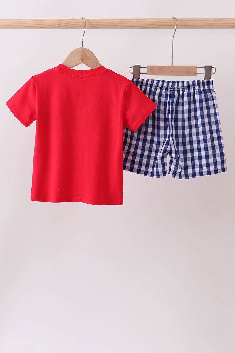 Red flag fireworks embroidery shorts set - Aaria Tees Aaria Tees