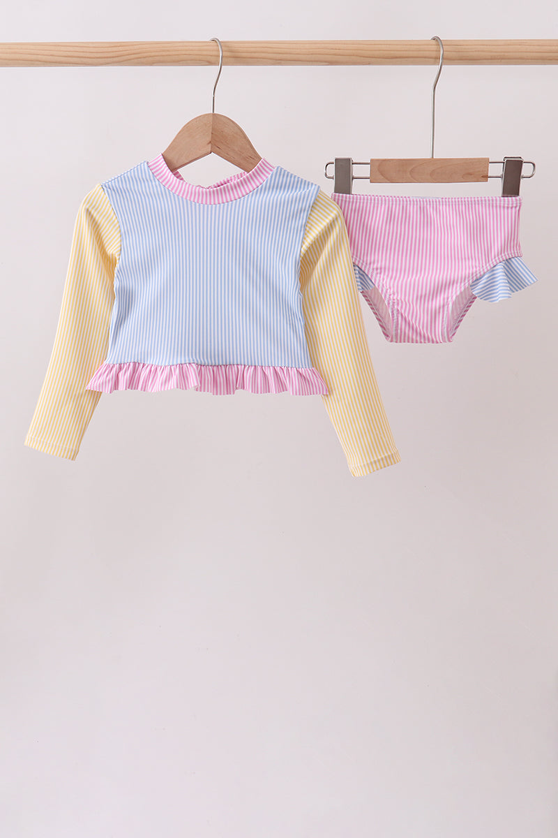 Blue stripe ruffle rashguard set - Aaria Tees