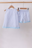 Blue Seersucker Stripe Scalloped Shorts Set Aaria Tees