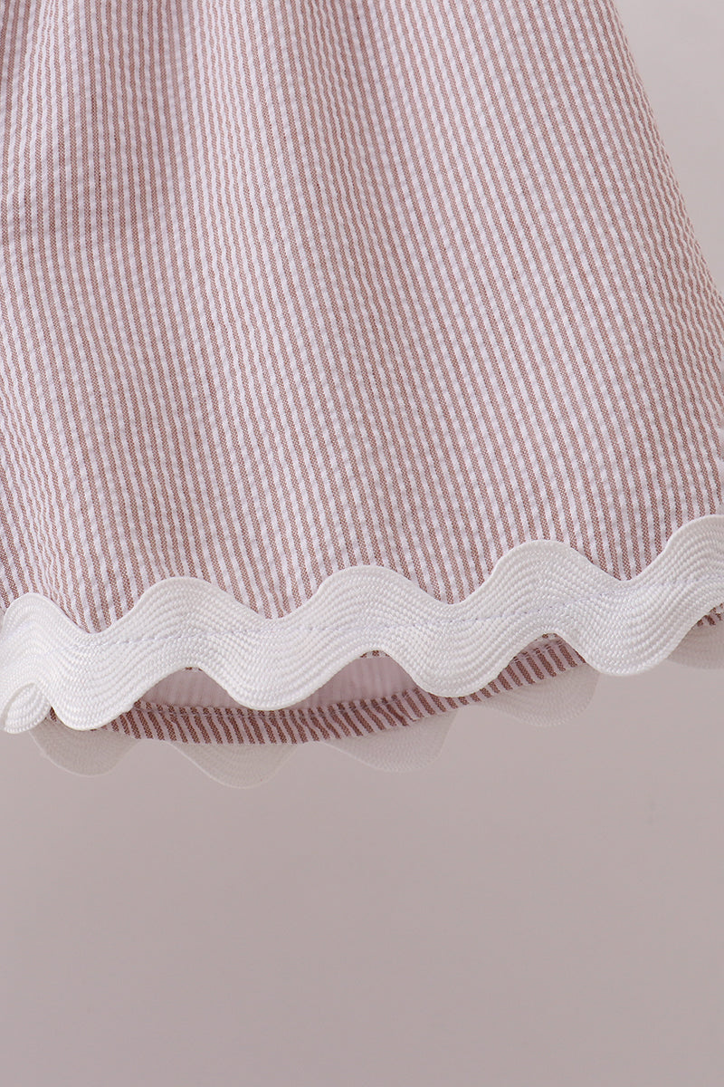 Khaki Seersucker Stripe Scalloped Shorts Set - Aaria Tees Aaria Tees