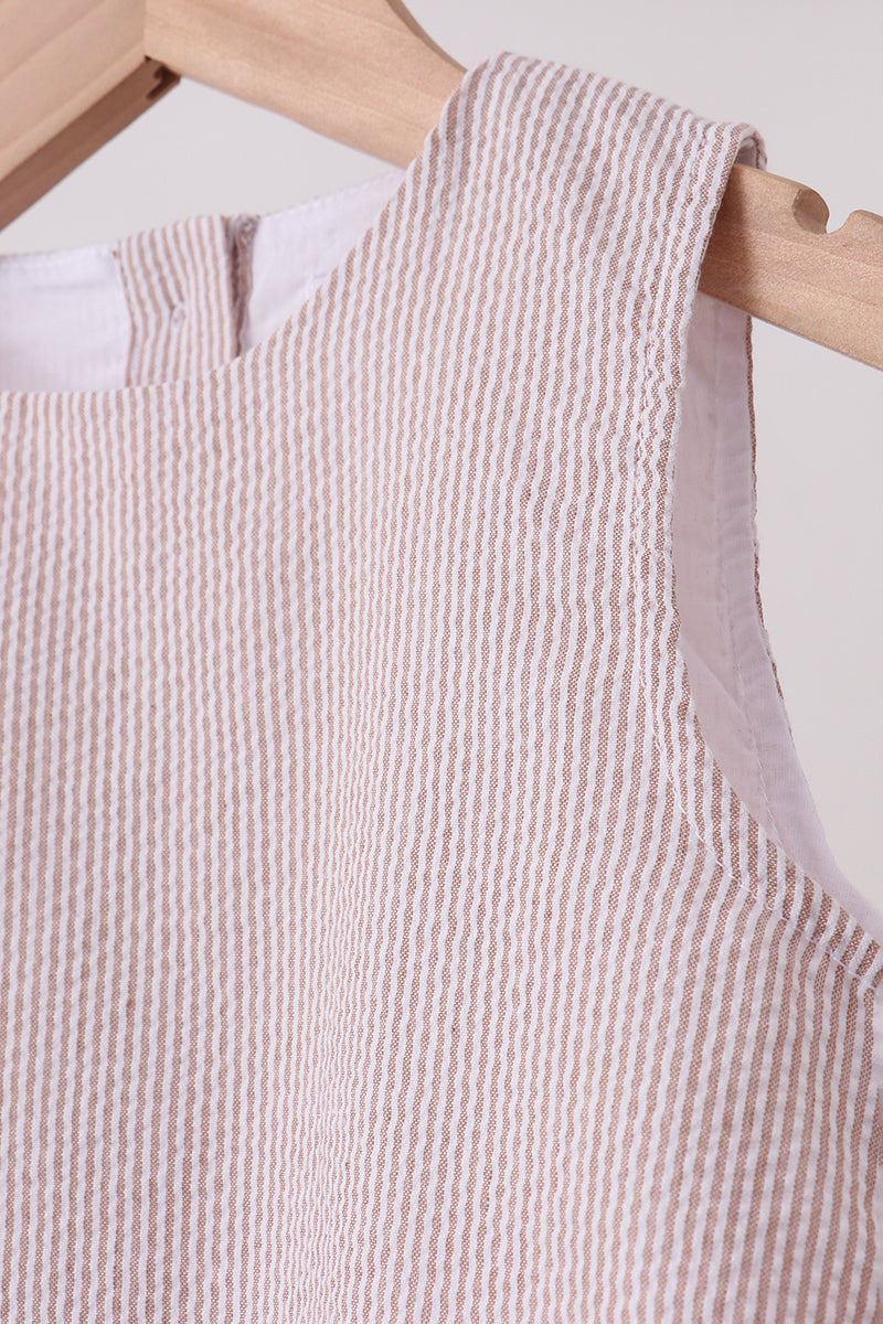 Khaki Seersucker Stripe Scalloped Dress - Aaria Tees Aaria Tees